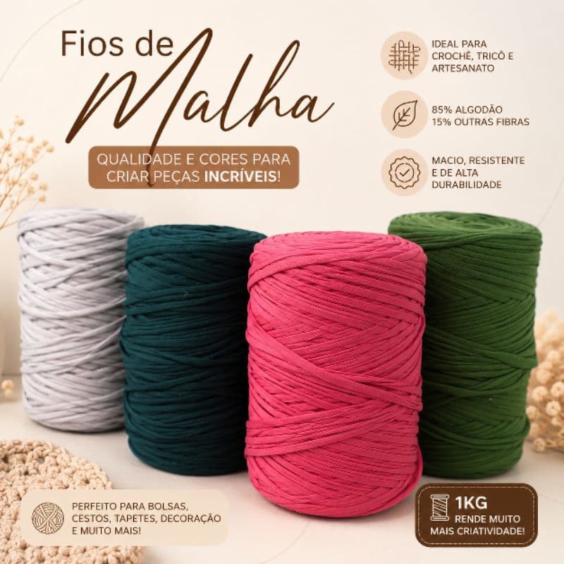 Fio de Malha Residual 1 kg material para bolsas, tapete e acessórios de crochê ou macrame - ENVIO IMEDIATO