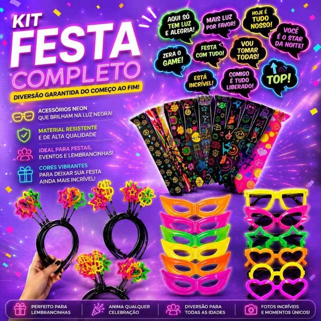 Kit Festa 100 peças Completo Neon Tiara Óculos Gravata Máscara Plaquinha Diversão Brilho Balada