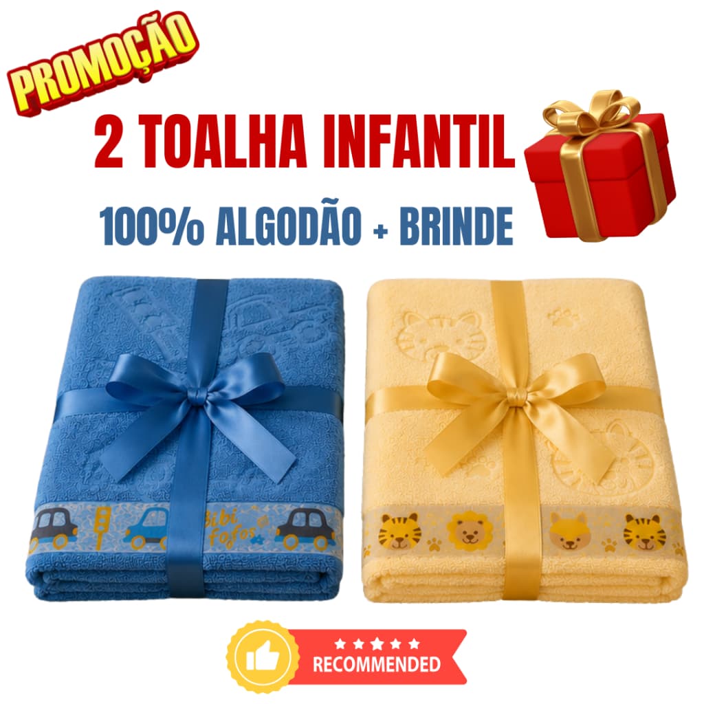 2 Toalha Banho Infantil Kit Azul E Bege 100% Algodão Grande Extra Macia
