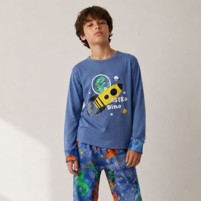 Conjunto Pijama Longo Infantil Menino Roupa de dormir Astronauta Dinossauro