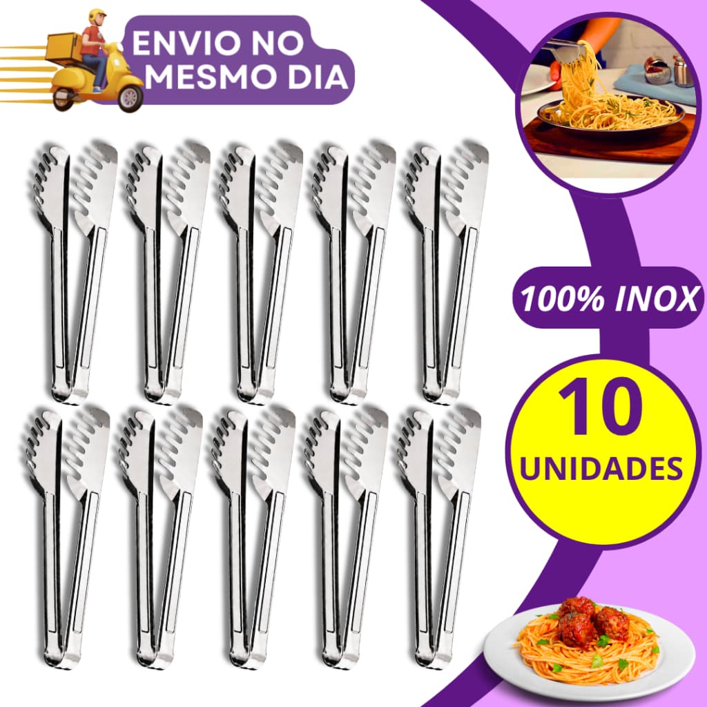 KIT 5/10 Pegador de Massas Alimentos 20cm em Inox Pinça Multiuso para Massa Macarrão Salada Churrasco Cozinha