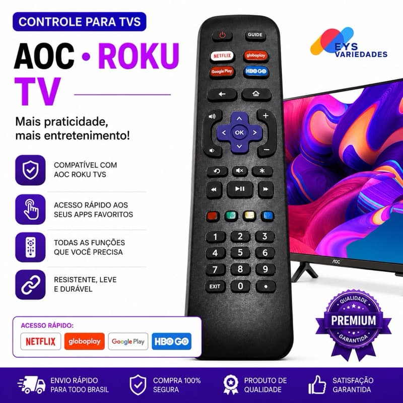 Controle Remoto TV Smart AOC Roku 32S5195/78G 43S5195/78G Netflix GloboPlay DAZN Deezer SKY-9091 - Substituto Compatível