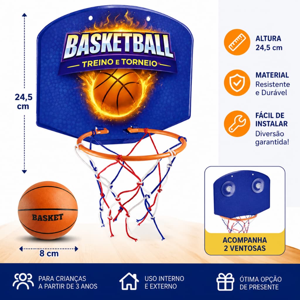 KIT DE BASQUETE INFANTIL – TABELA + REDE + BOLA