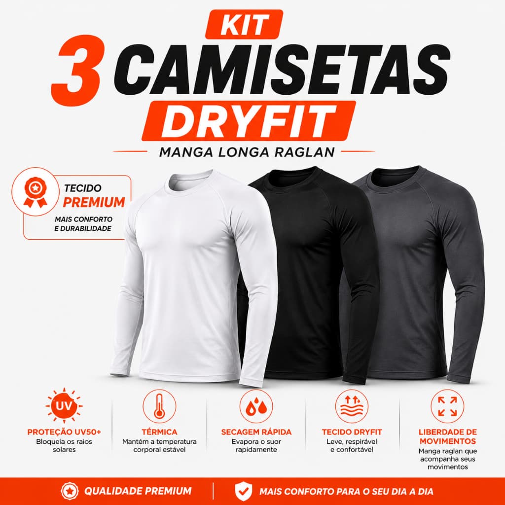 Kit 3 Camisetas Térmicas Dry Fit Premium Manga Longa Raglan UV50 Proteção Solar Segunda Pele | Academia Fitness Treino