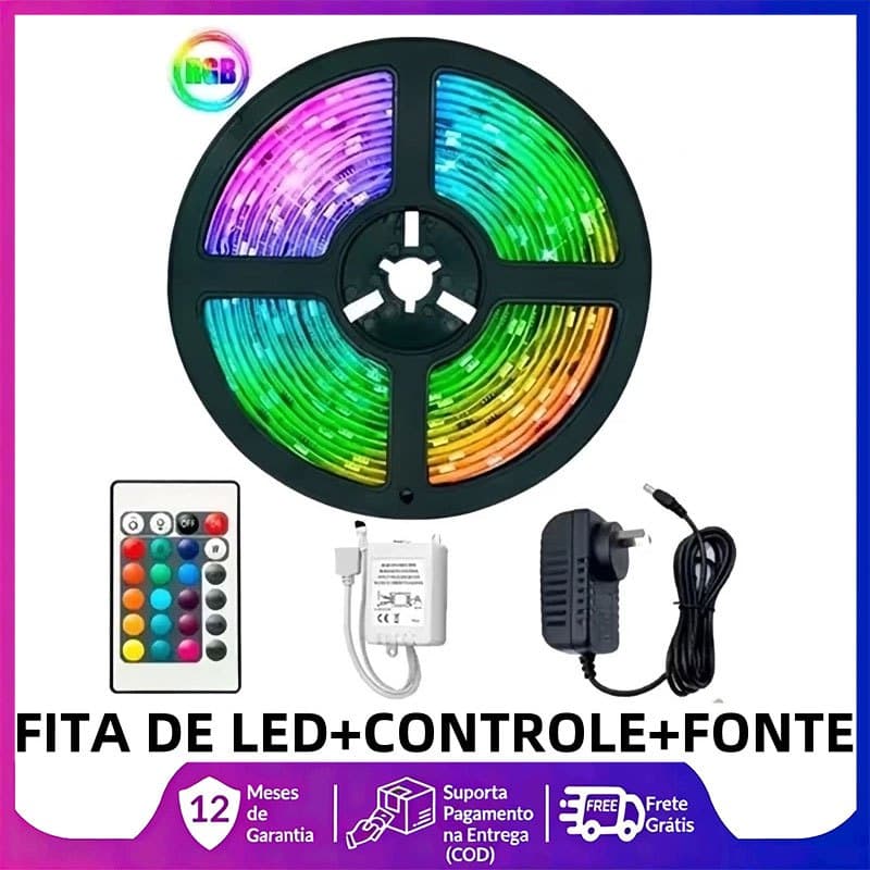 Fita LED 2835/3528 5M RGB Flexível Multicolor com Fonte e Controle Remoto Decoração Casa