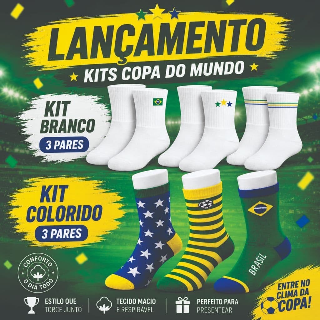 Meia  Infantil Copa Do Mundo Brasil  BB ao G - Kit C/ 3 Pares