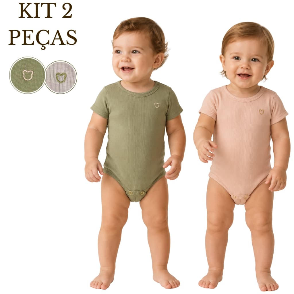 Kit 2 Peças Body Bebê Bordado Ursinho Confortável Bordado  Ribana Confortável Alta Qualidade Body