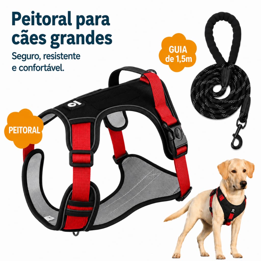Colete com Guia para Cães Médios e Grandes - Refletivo e Ajustável com Alça de Controle Rápido