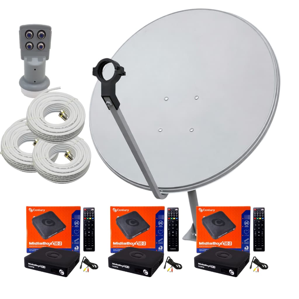Kit Century Midiabox SE-2 03 Receptor Digital Antena Ku LNBF quadruplo 03 Cabo 15 m