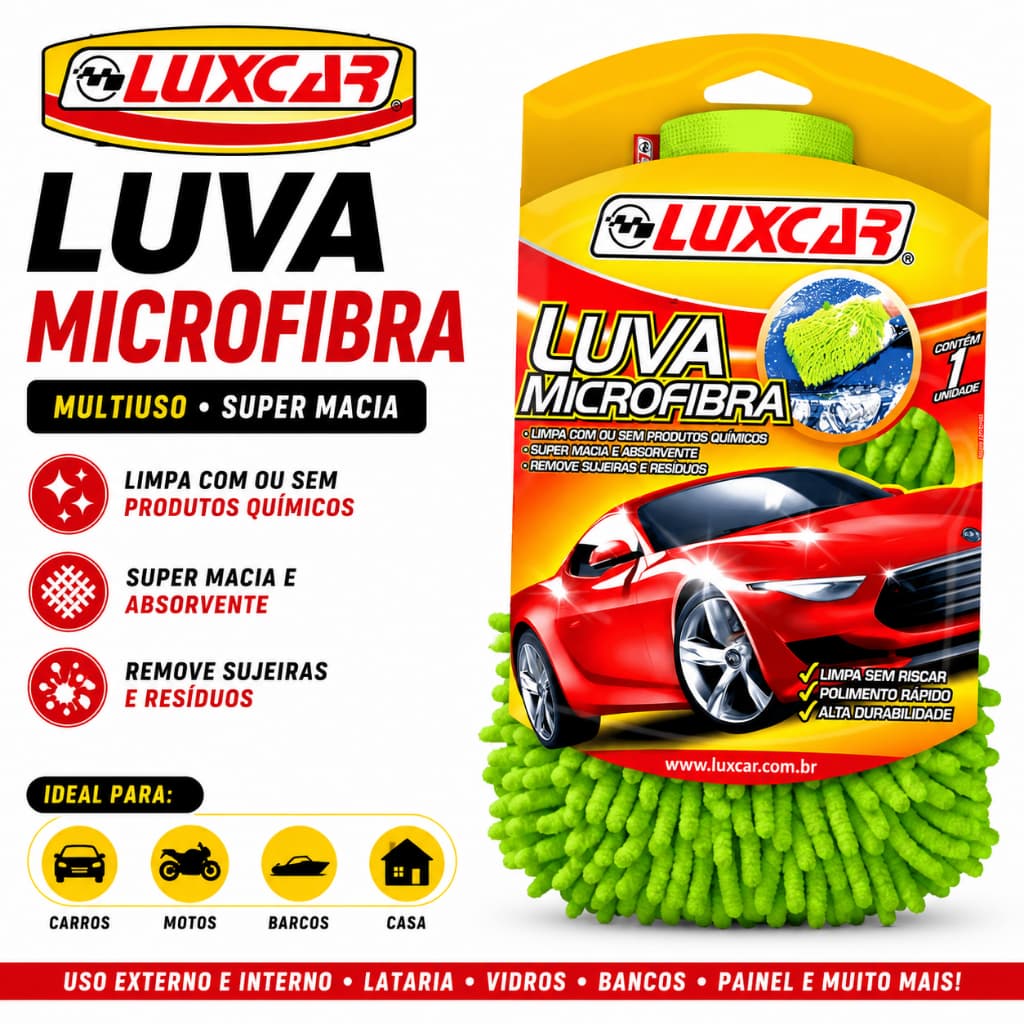 Luva Microfibra Luxcar Multiuso Externo Interno Bancos Lataria Vidros Carros Motos Barcos Casa