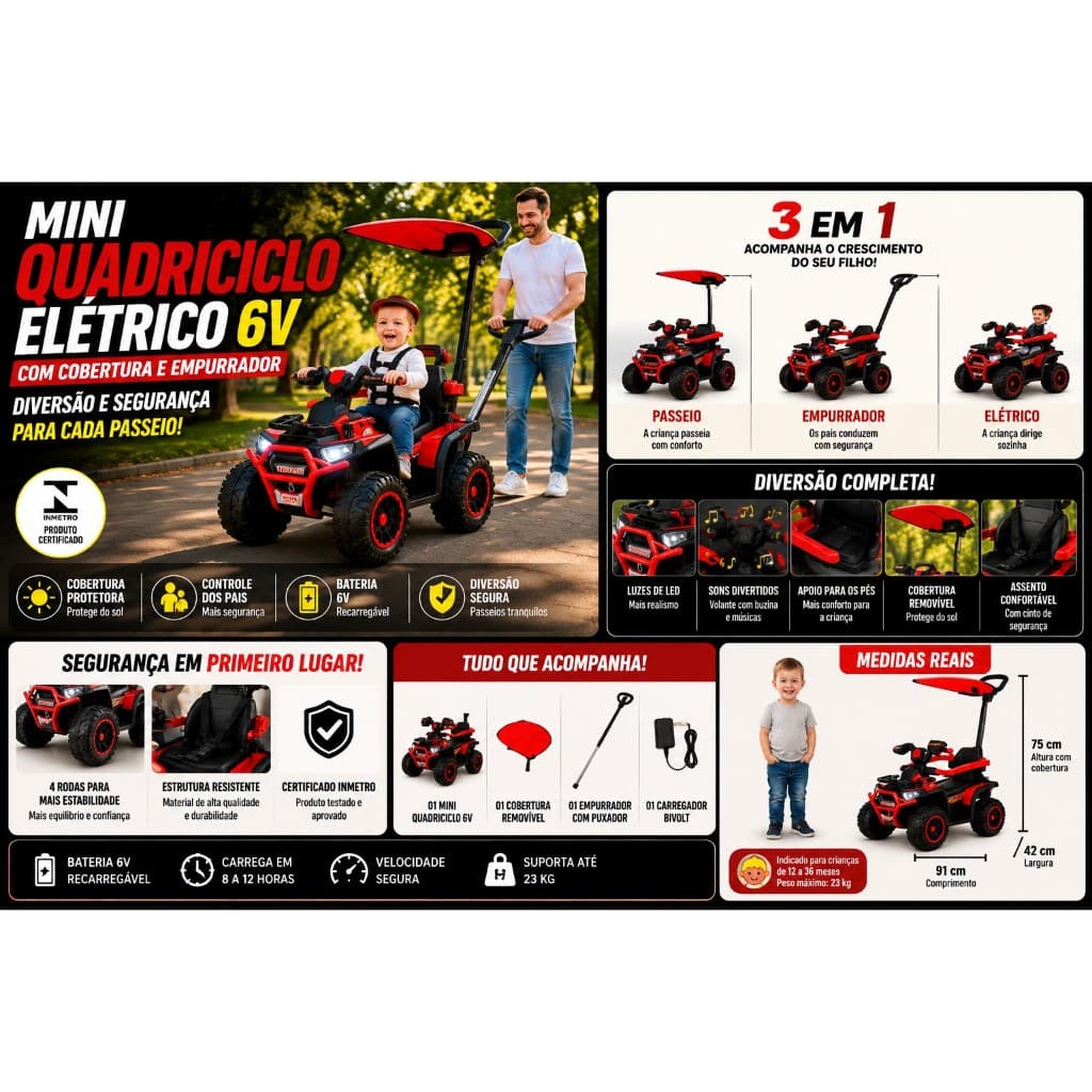 Quadriciclo Elétrico Infantil 6V Com Empurrador e Cobertura Luz Música Certificado Inmetro Vermelho