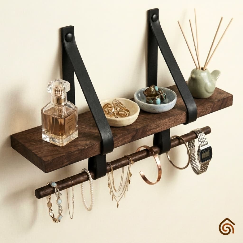 Prateleira Suporte Porta Acessórios Femininos de Madeira Envelhecida e Couro 40cm | Casa Madêco