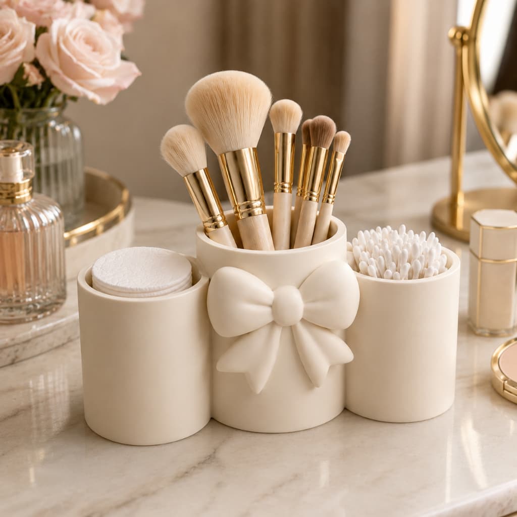 Organizador de Maquiagem 3 Compartimentos Porta Pincéis Algodão Cotonetes Decorativo Para Penteadeira Banheiro