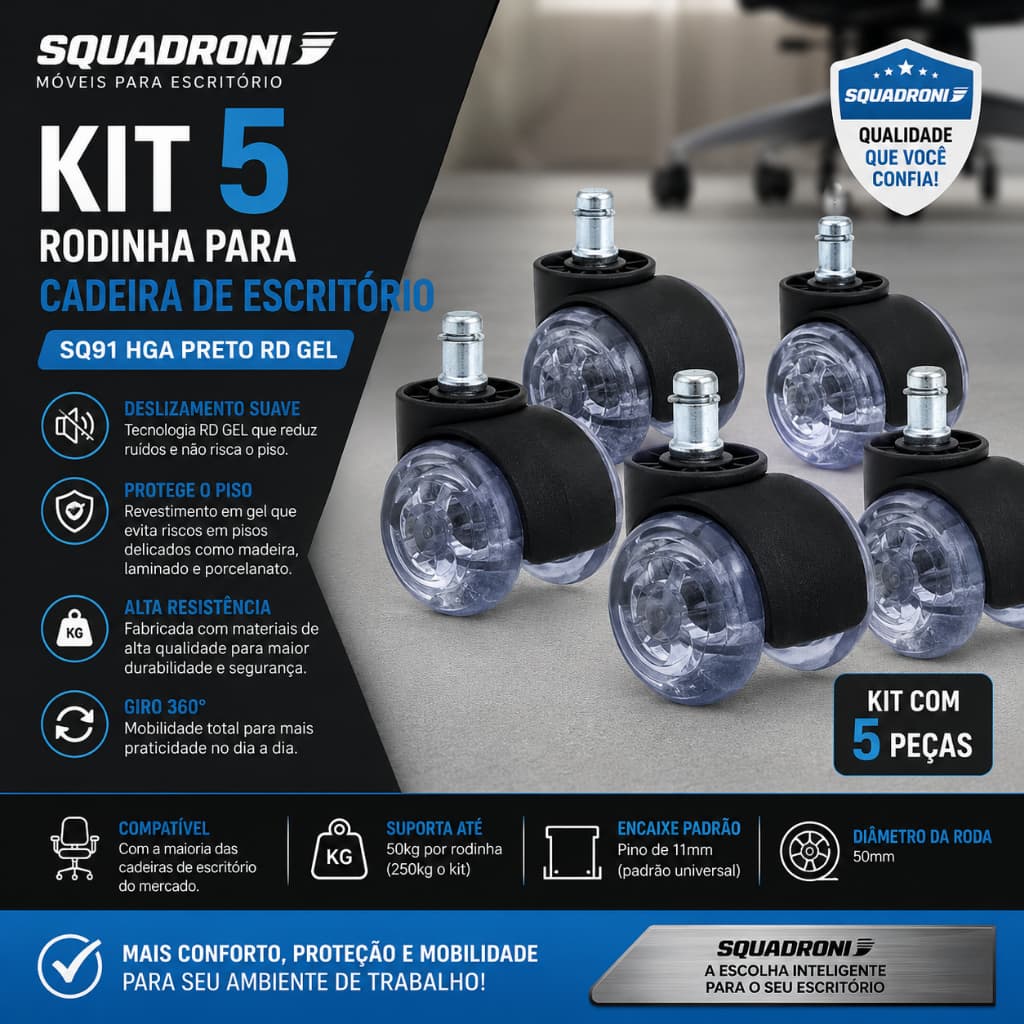 Kit 5 Rodinha Para Cadeira De Escritório Squadroni Sq91 Hga Preto Rd Gel