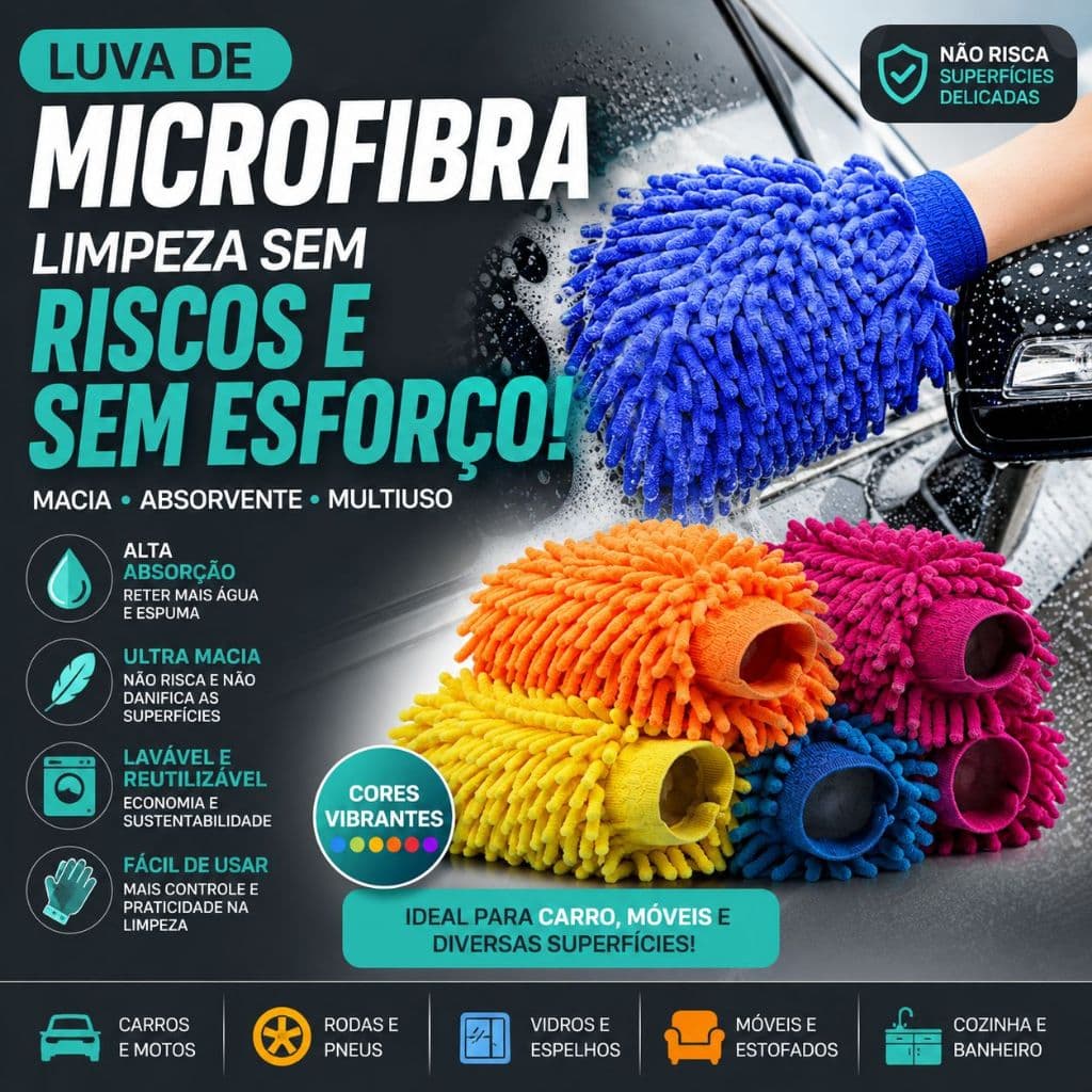 Luva de Microfibra para Limpeza de Carros, Móveis e Outras Superfícies - Multiuso - CH