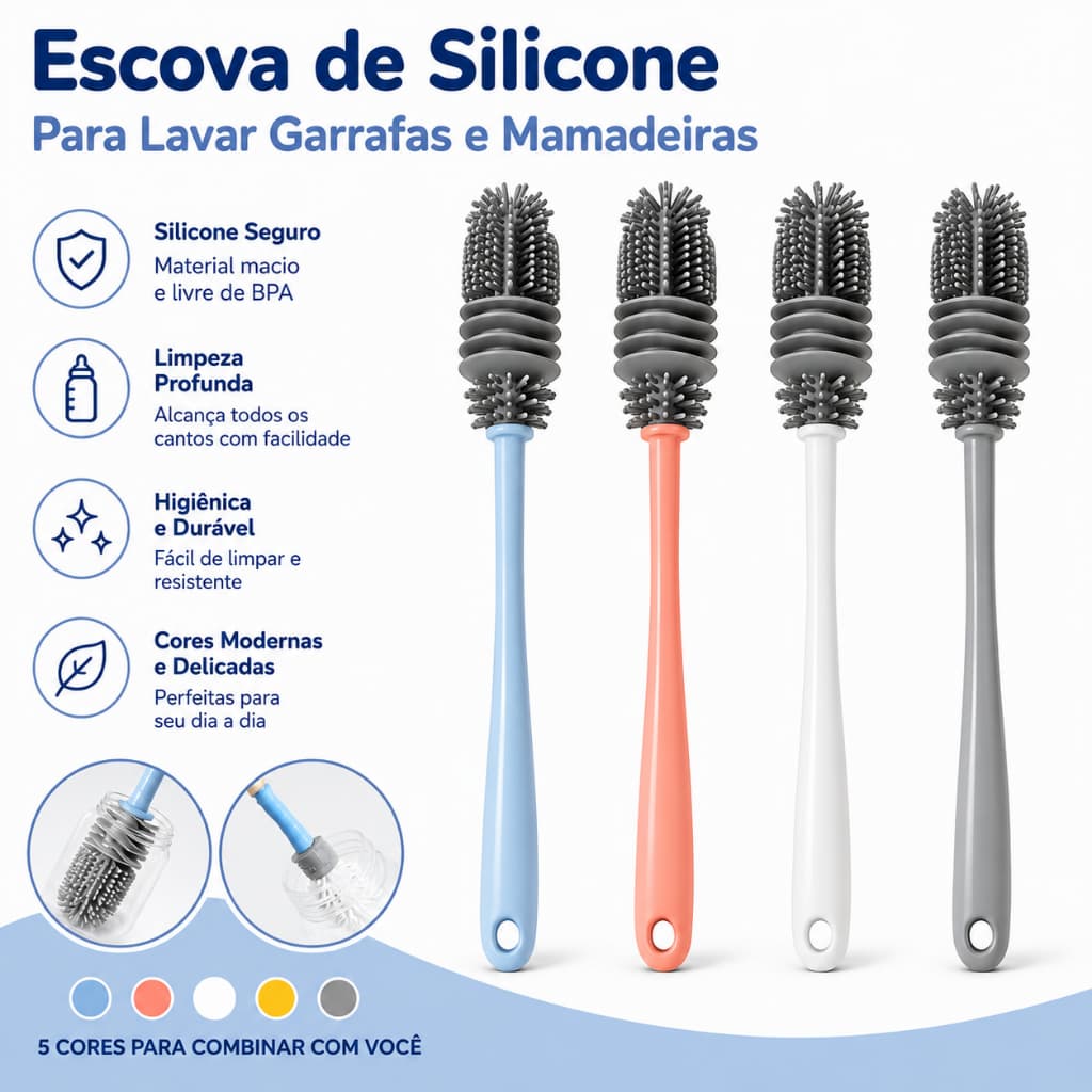 Escova de Silicone para Lavar Garrafas Mamadeiras  e Copos
