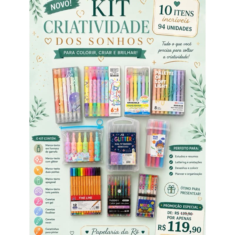 Kit Criatividade dos Sonhos com 94 Unidades | Papelaria Completa para Estudo, Lettering e Colorir