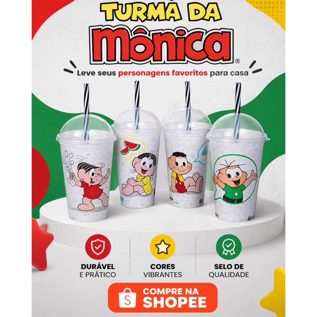 Copo Shake Turma da Mônica Para Colorir com Tampa Domo e Canudo – 500ml