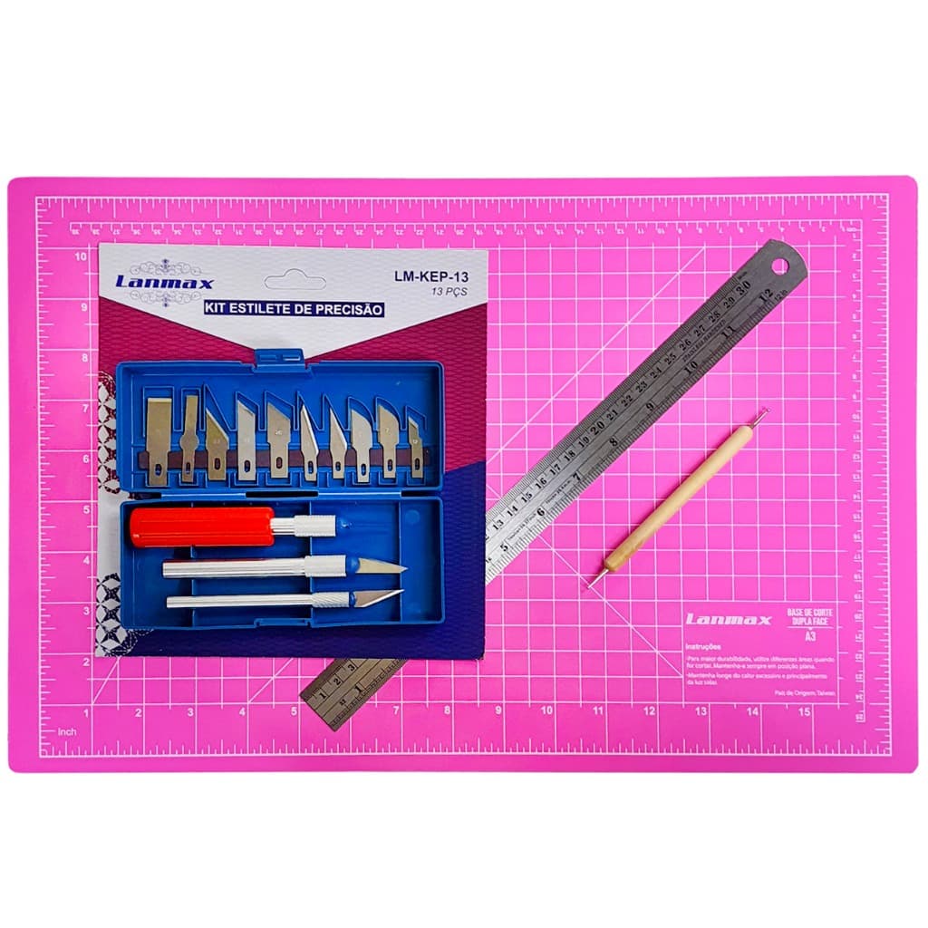Kit Base Corte 45x30 Lanmax + Estilete Bisturi Com 13 Lâminas + Régua 30 Cm + Boleador Vincar Papel
