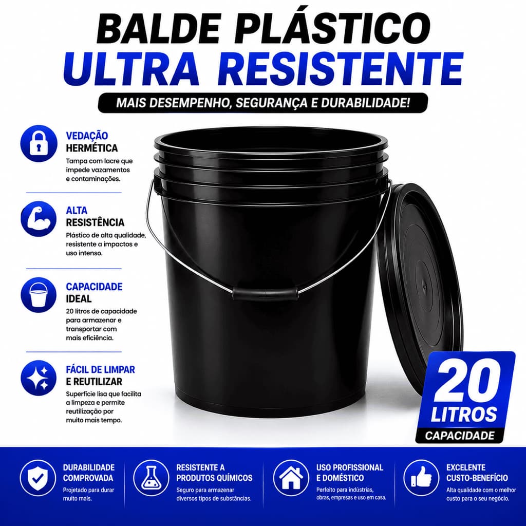 Balde 20 Litros Plástico Com Tampa Lacre Alça Metal Preto para empresas oficinas e lavanderias