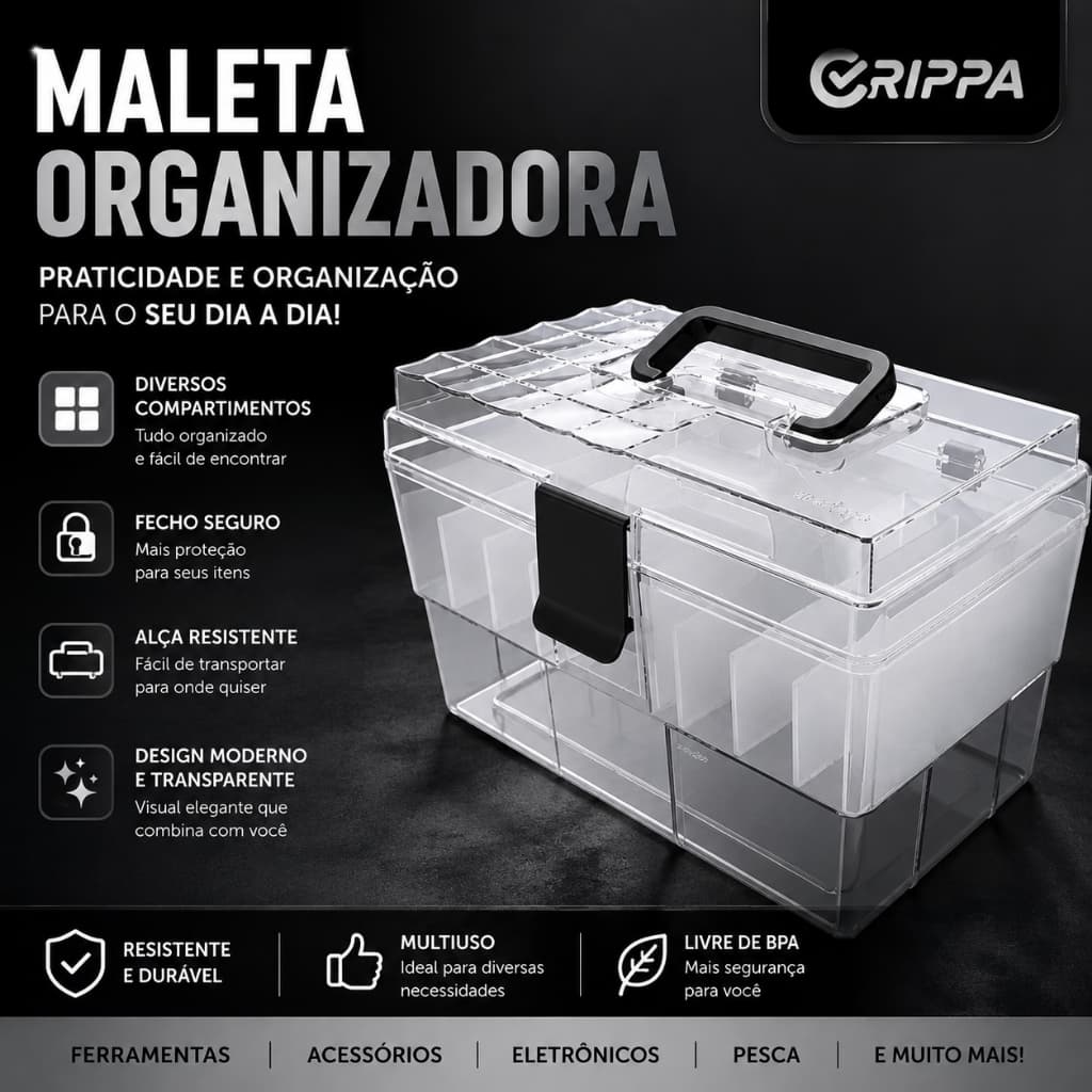 Maleta Organizadora Multiuso Crippa Cristal com Bandeja Interna e Detalhes Pretos