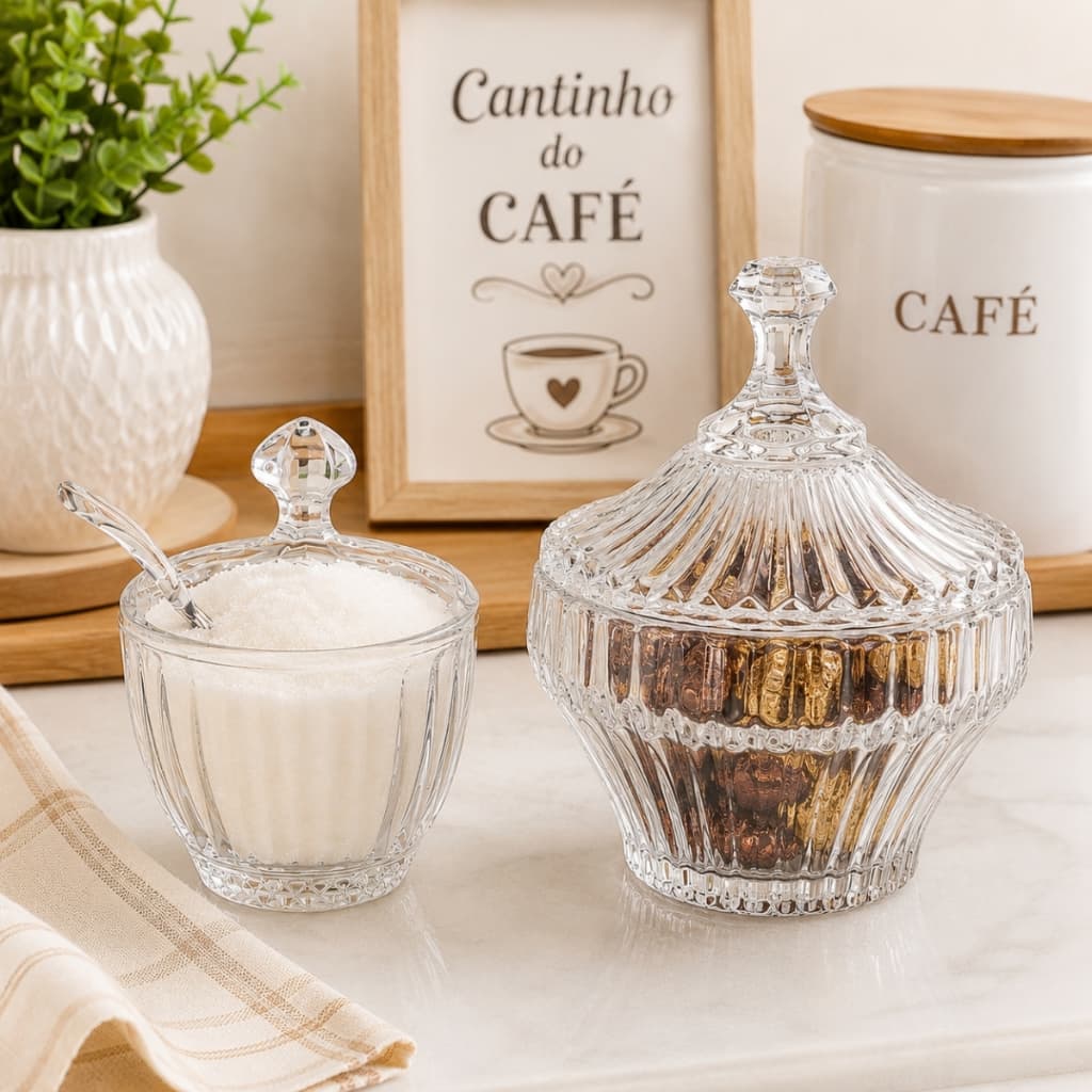 Kit Bomboniere de Vidro com Açucareiro de Vidro Cantinho do Café Mesa Posta