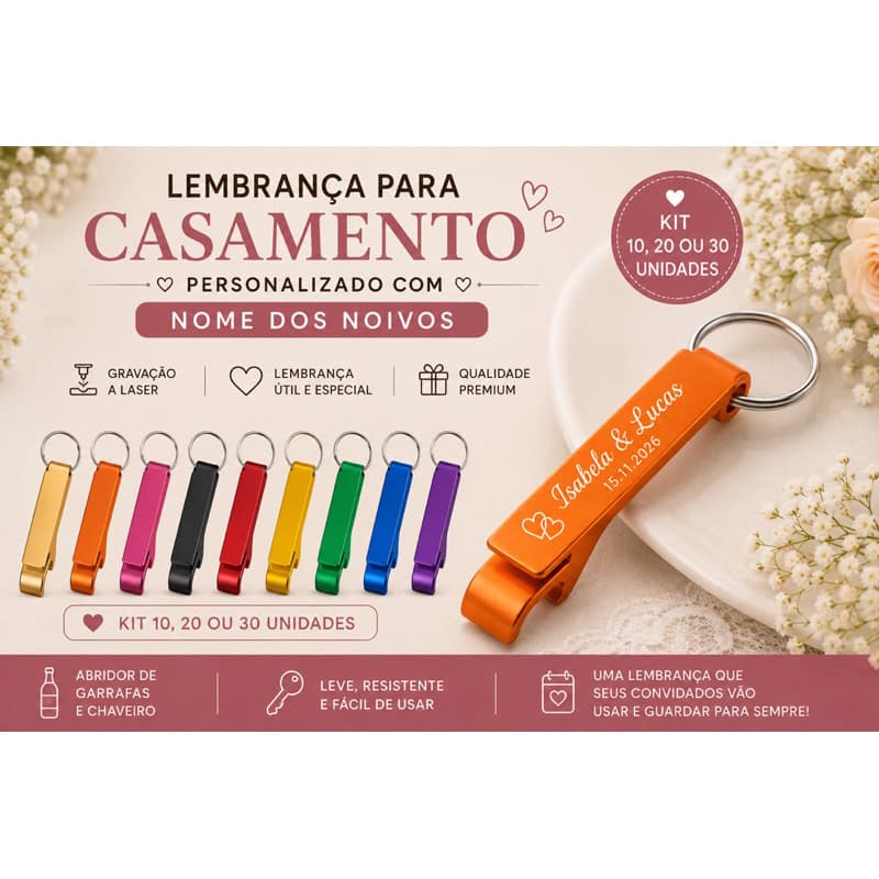 Chaveiro Abridor Personalizado para Casamento | Lembrancinha de Casamento | Kit 10 20 ou 30 Unidades