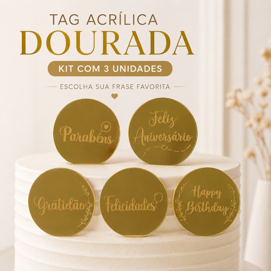 Kit 3 Tags Acrílicas Douradas para Bolo | Parabéns, Gratidão, Felicidades e Happy Birthday