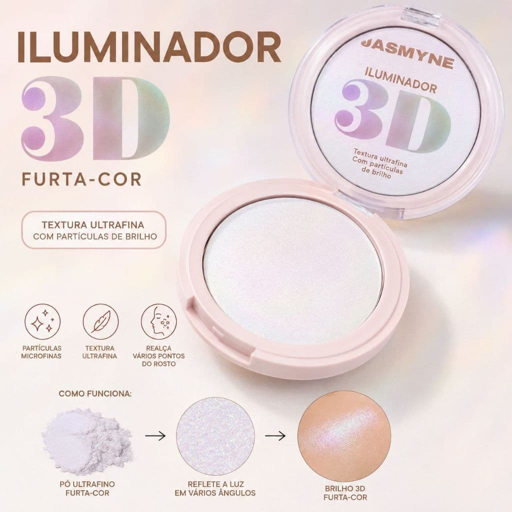 ILUMINADOR 3D COM PARTICULAS DE BRILHO JASMYNE FURTA-COR OLOGRAFICO