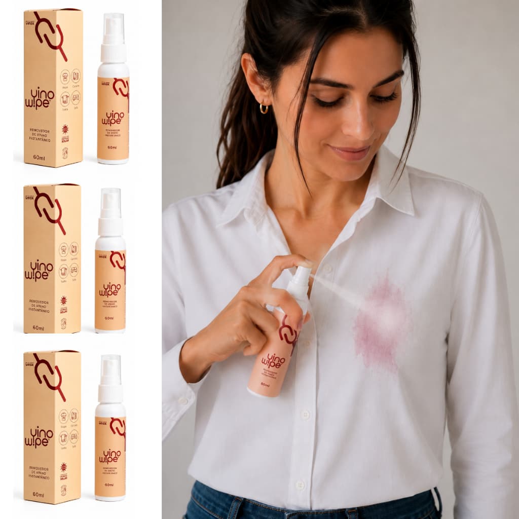 Kit 3 Tira Manchas Instantâneo VinoWipe 60 ml Removedor de Vinho Roupas Coloridas e Branca Anvisa Kit C/3