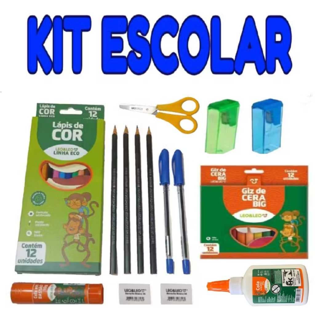 KIT 12 LAPIS DE COS+4 LAPIS GRAFITE+2 APONTADOR+2 CANETA+2 BORRACHA+1 COLA BASTAO