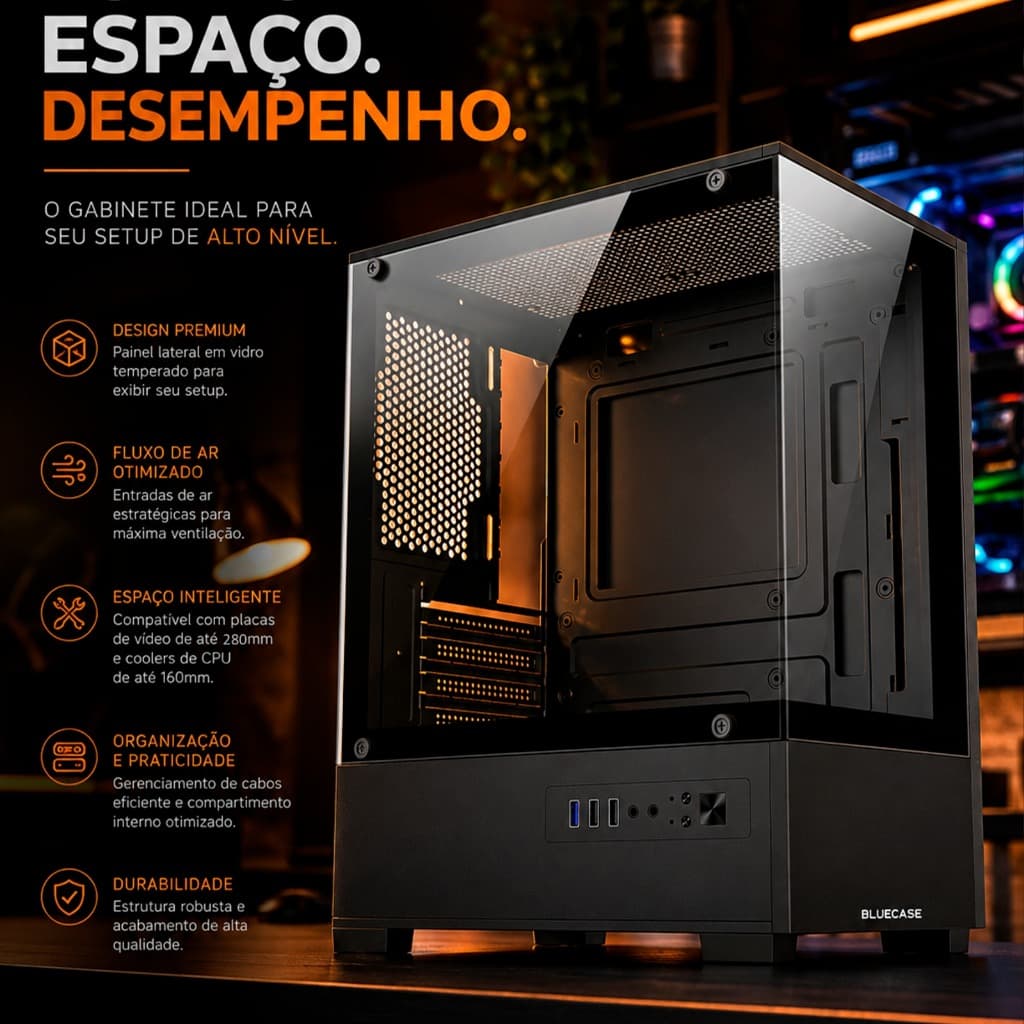 GABINETE AQUARIO BLACK HIT M-ATX, VIDRO TEMPERADO, BLUECASE