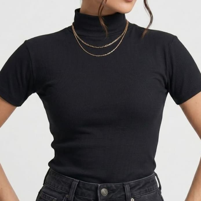 Blusa Cacharrel Feminina Canelada Manga Curta Gola Alta Ribana Premium Preto Off White Marrom Roxo