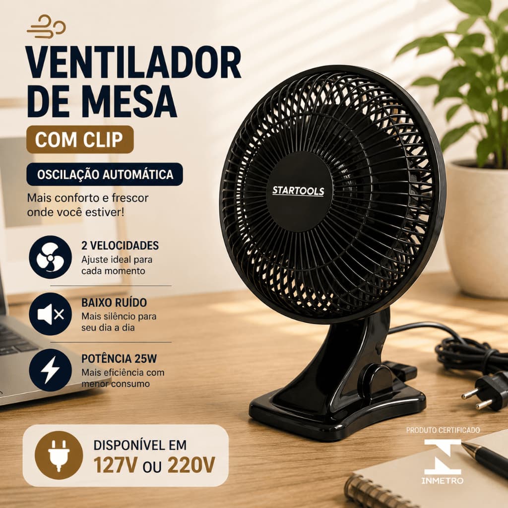 Ventilador de Mesa com Presilha Oscilante Silencioso 110V/220V