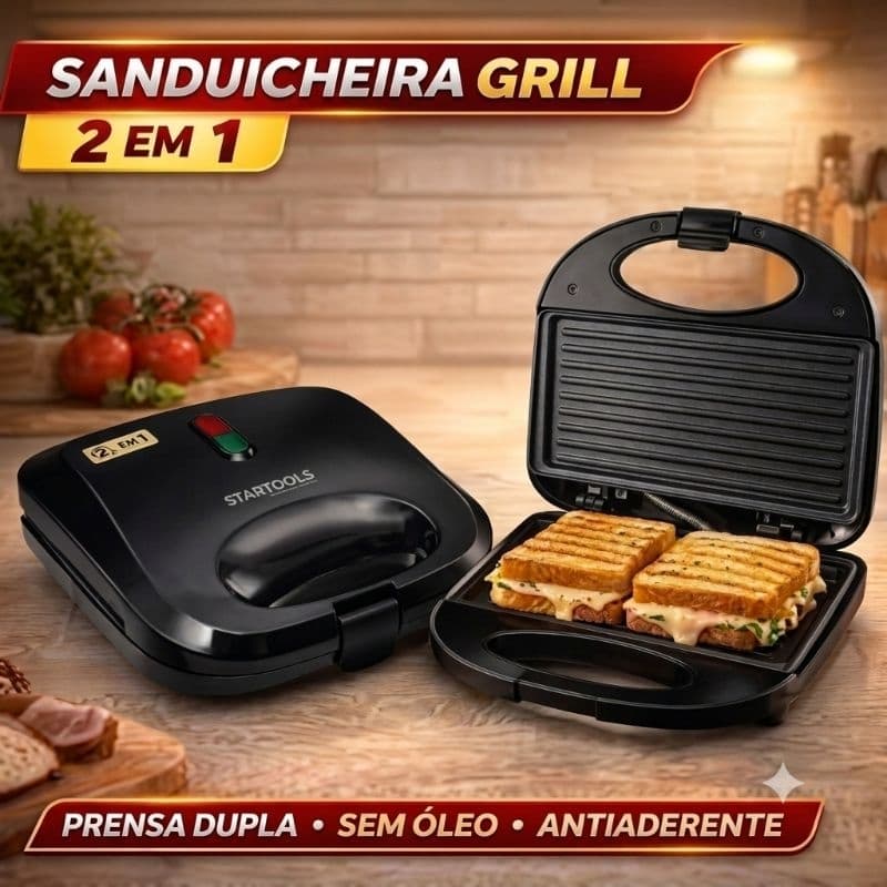 Sanduicheira E Grill Elétrico 2 Em 1 Antiaderente Não Gruda Startools Prensa Dupla