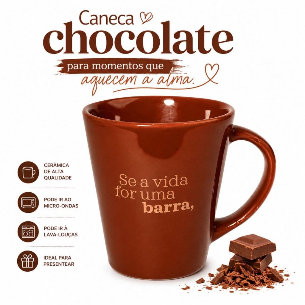 Caneca Cerâmica 250ml Cacau Show "Se a Vida for uma Barra, que Seja de Chocolate"