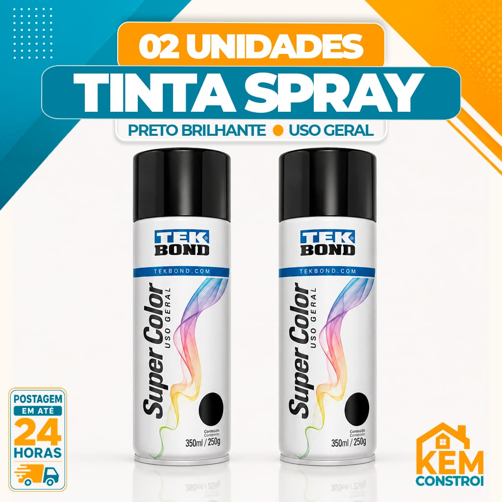 Kit  02 Tinta Spray Tekbond Uso Geral 350ML Preto Brilhante Secagem Rápida Alta Performance