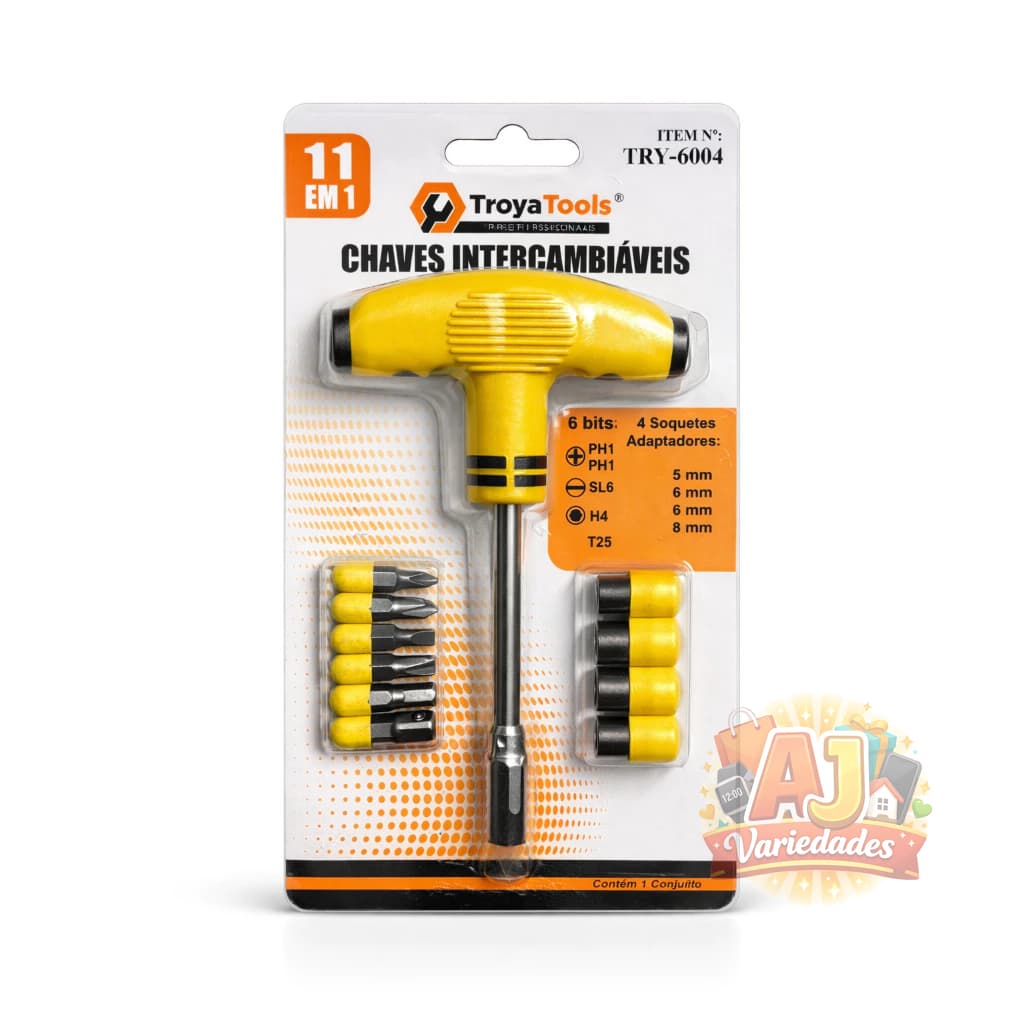 Jogo de Chaves Intercambiáveis 11 em 1 Tipo T com Bits e Soquetes TroyTools Profissional