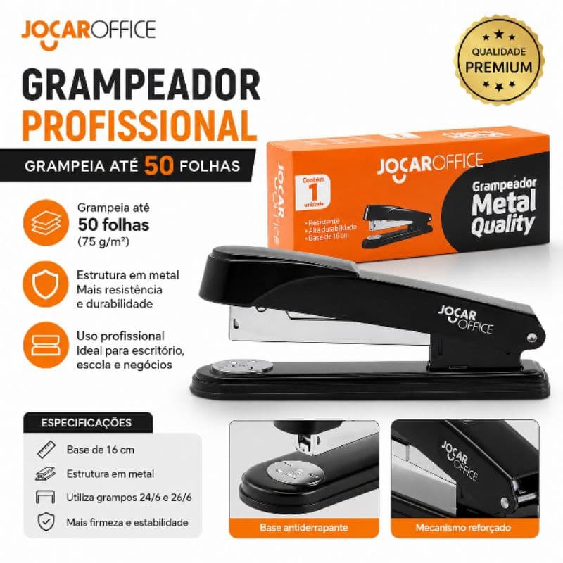 Grampeador Profissional Jocar Office Até 50 Folhas Metal Reforçado Alta Capacidade Escritório Escola Papelaria