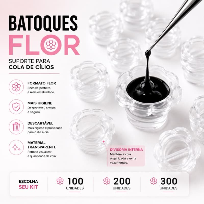 Batoque Flor Transparente Suporte para Cola de Cílios | 100, 200 ou 300 Unidades