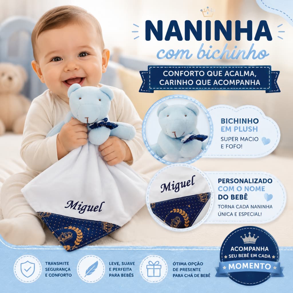 Naninha Para Bebê com Prendedor De Chupeta e Ursinho de Plush personalizada com o nome do Bebê