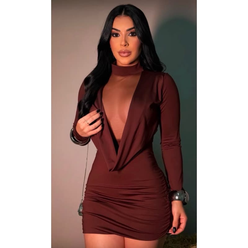 Vestido Curto Gola Alta Decote Profundo Tule Manga Longa Gringa Drapeado Moda Feminina Balada Inverno Blogueira Premium