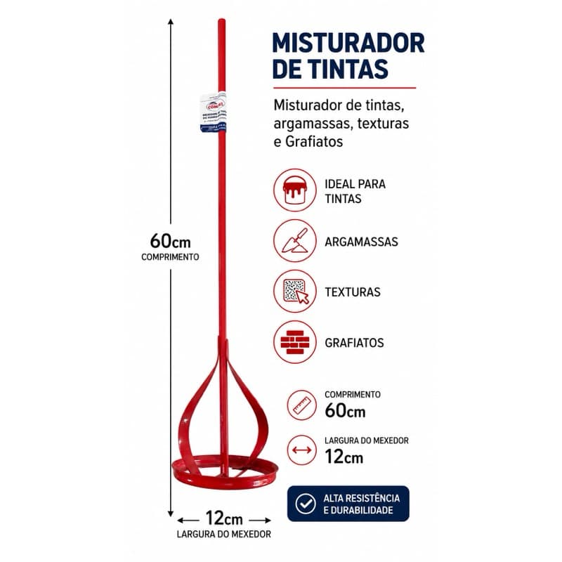 Misturador de Tintas 60cm para Furadeira | Mexedor 12cm | Ideal para Tintas, Argamassas, Texturas e Grafiatos
