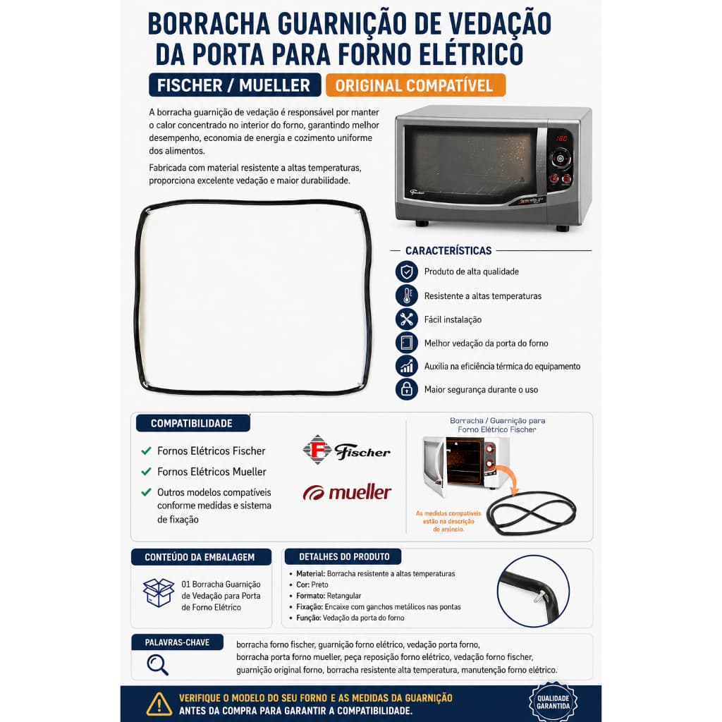 Borracha Guarnição de Vedação da Porta para Forno Elétrico Fischer / Mueller – Original Compatível