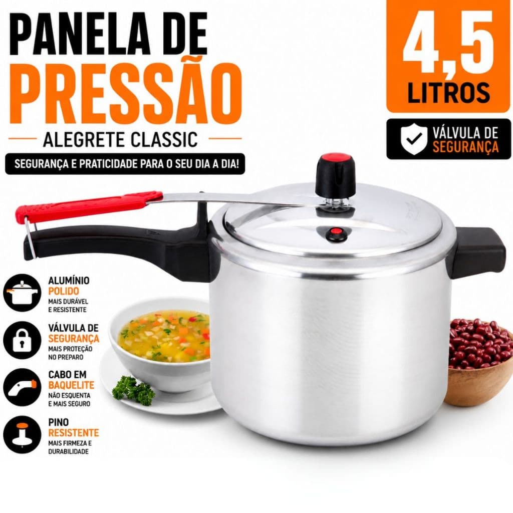 Panela de Pressão 4,5 Litros Média Polida Segura Válvula de Segurança Alegrete Classic