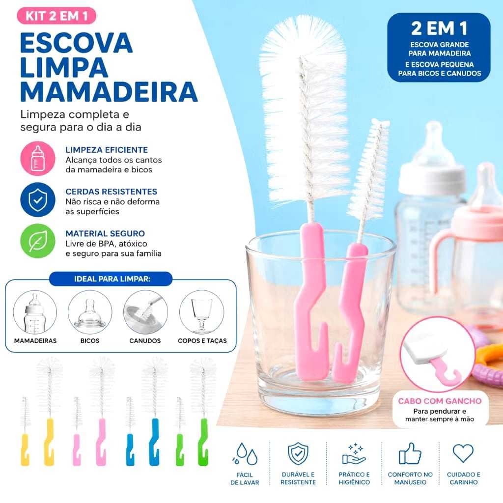 Kit Escova Limpa Mamadeira 2 Em 1 Escova Limpeza bico Garrafa Copo Taça Lava Mamadeira