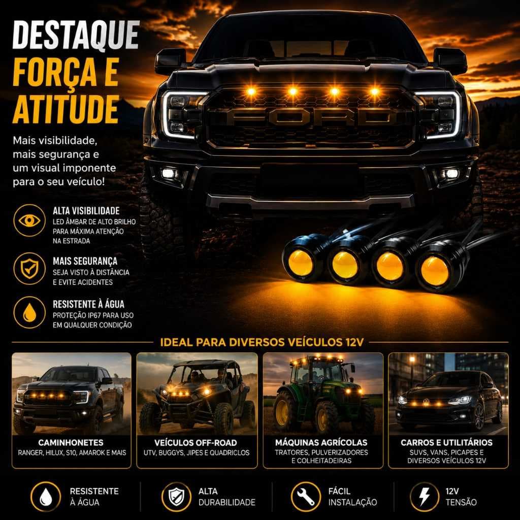 4 Peças de Led Olho de águia gato para Grade Dianteira Luz Diurna Âmbar Caminhonete 18mm