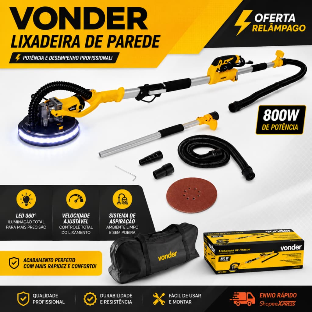 Lixadeira Parede e Teto Profissional 800W Vonder Drywall 127V 220V Alvenaria Gesso Massa Corrida Top