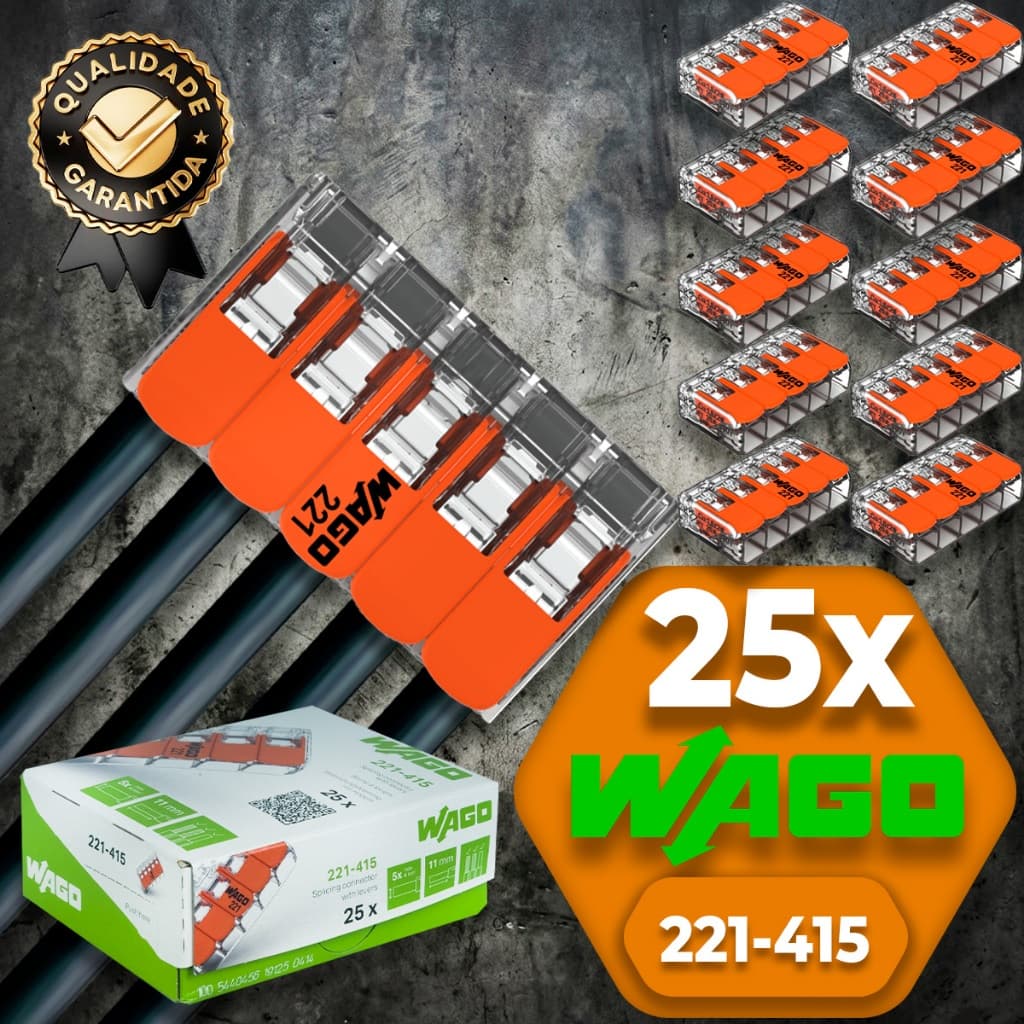 Conector de Fio Elétrico Wago 221-415 emenda 5 polos 4mm 32A conexão automática Kit 25 peças