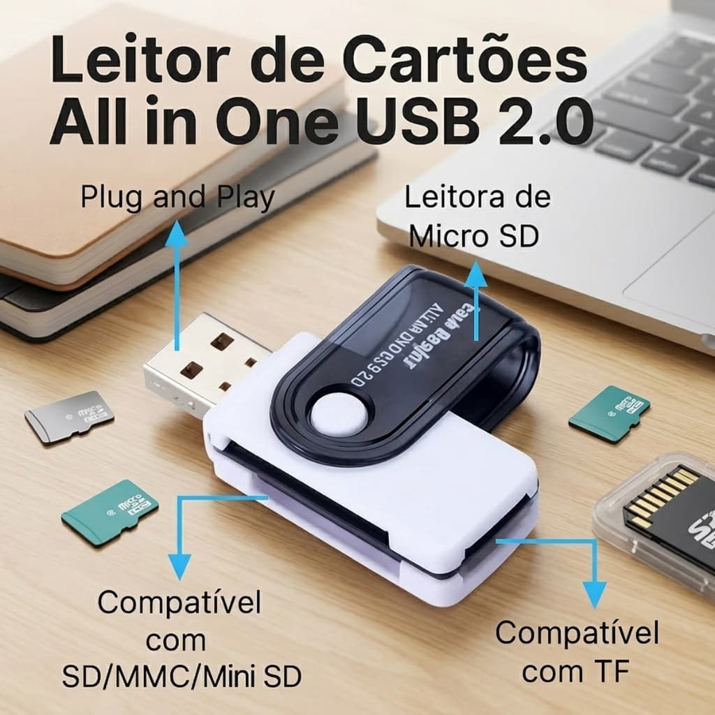Leitor de Cartão de Memória USB 2.0 All in One – SD, Micro SD, TF, MMC